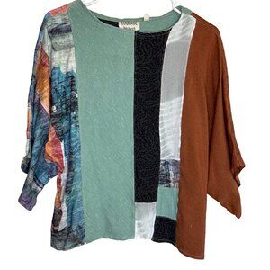 Upcycled Patchwork M Blouse Unique Retro Green Sparkle Brown Fall Fun Top